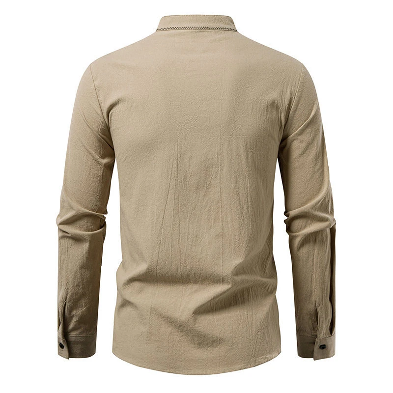 Men Long Sleeve Casual Shirt New Arrival 2026 Spring Vintage Style Stand Collar Solid Color Male Cotton Tops Shirts N023