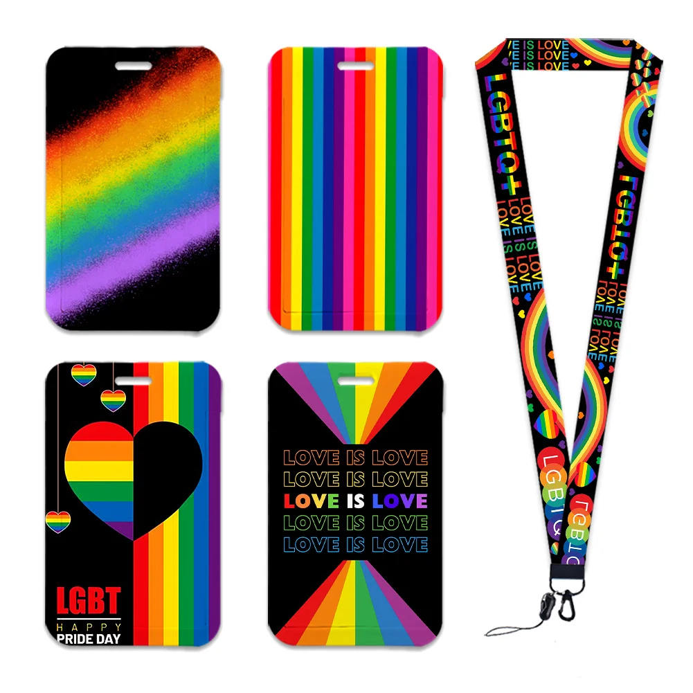 LGBTQ Pride Printed ID Card Holder With Lanyard Neck Strap Badge Reel Pass Card Cover Clear Window Credential Case Polyester
