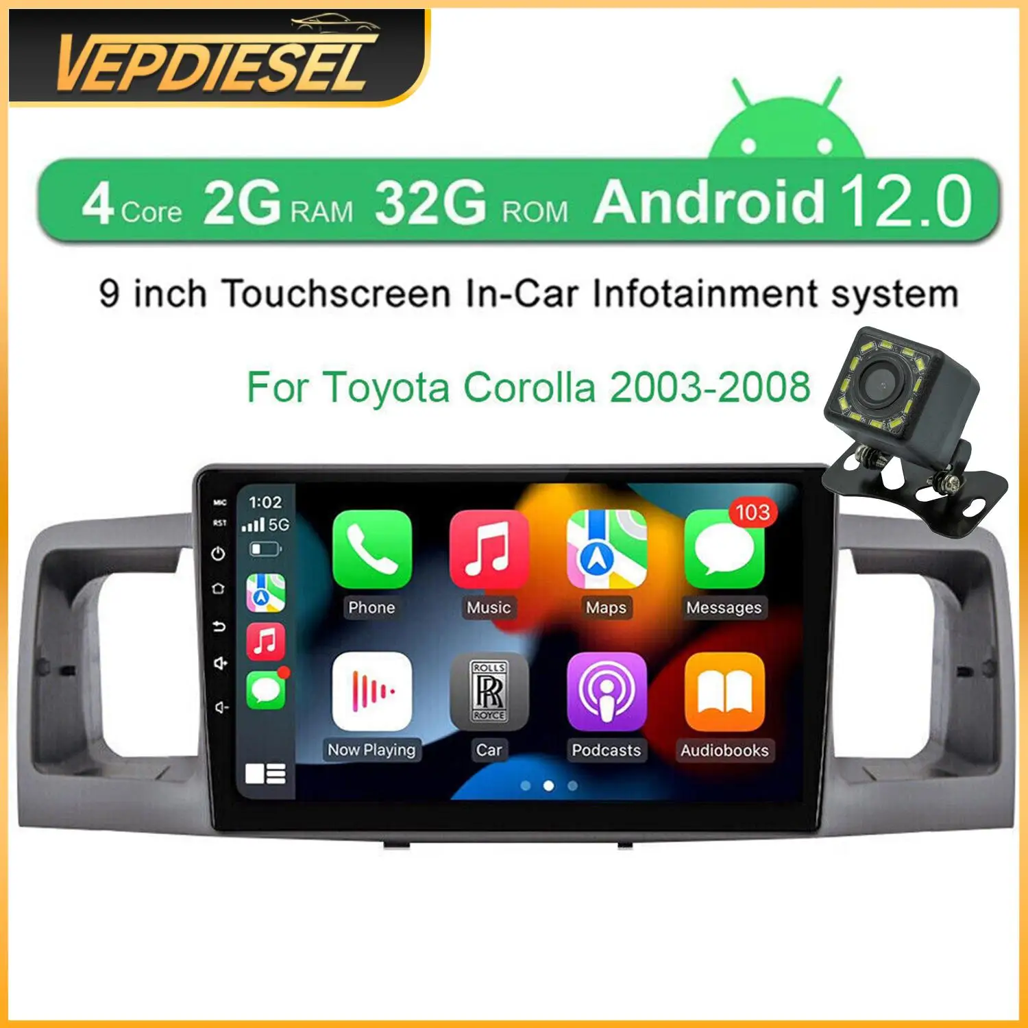 

1set Car Stereo Radio For Toyota Corolla 2003-2008 9" 2G 32G Carplay Camera Support Wireless & Wired Carplay/Android Auto