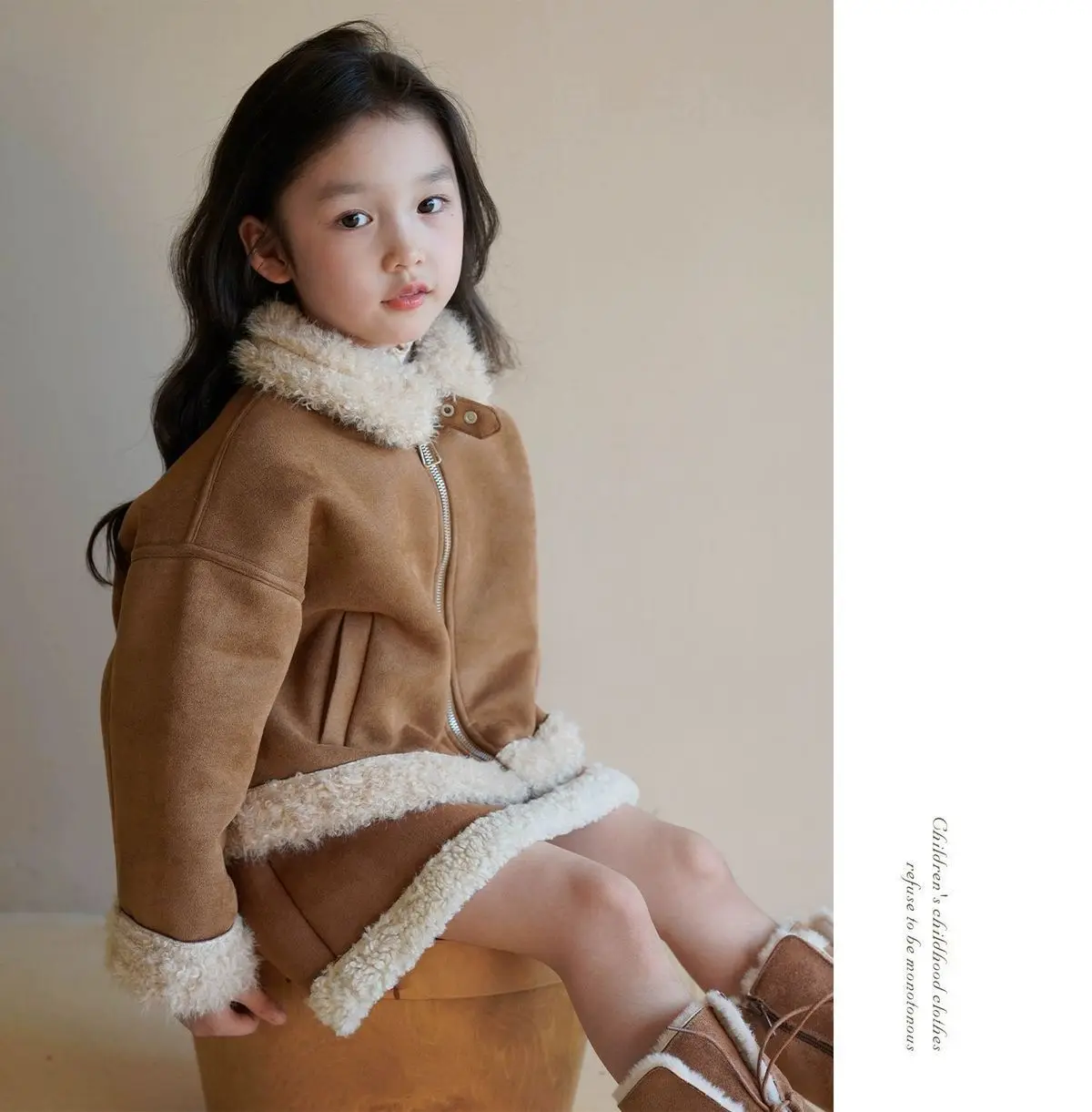 Autumn and Winter Girls' Set Korean Fashionable Children's Fur One Piece Coat Warm Lamb Fleece Half Skirt Set