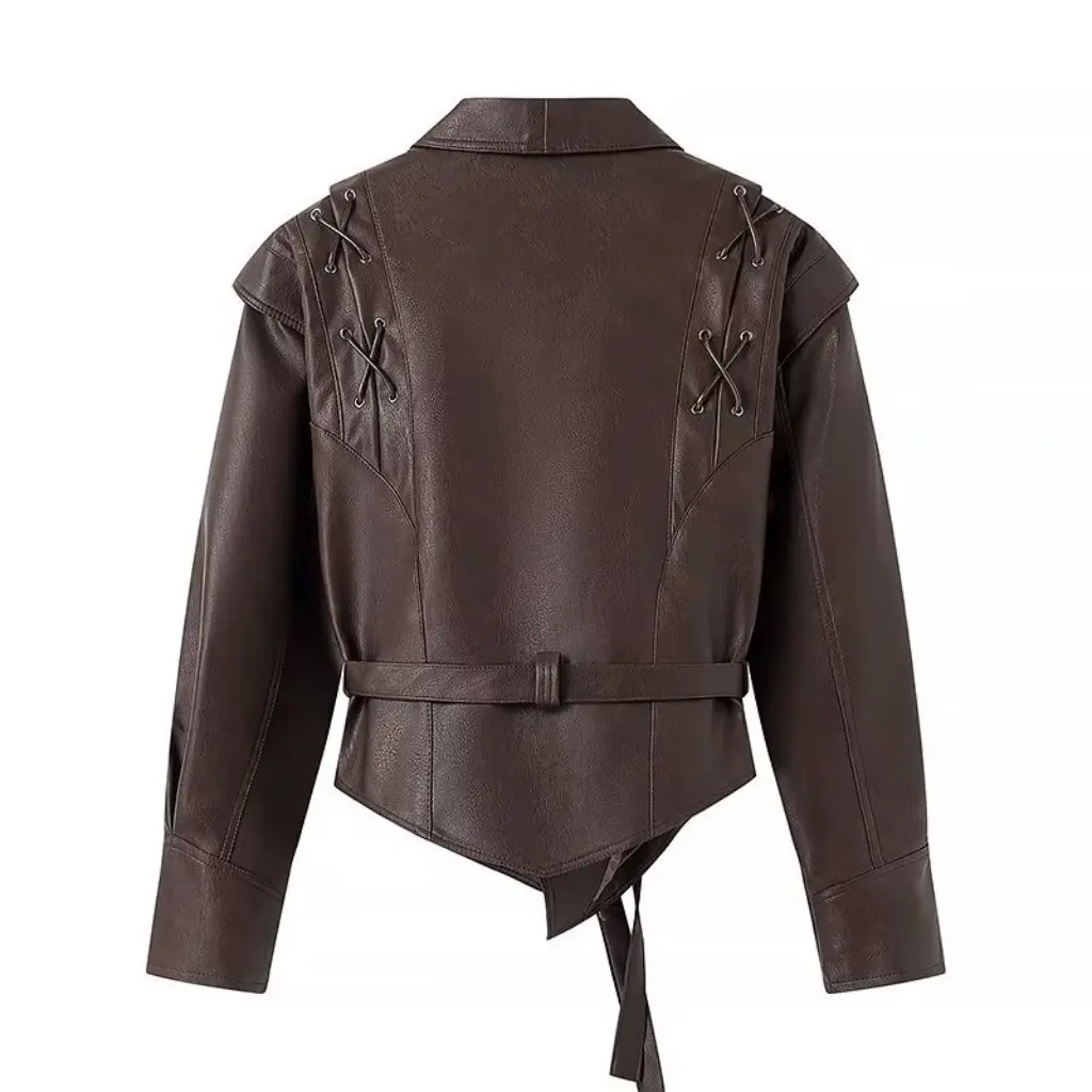 Damski płaszcz skórzany w stylu retro, z zielonym kołnierzem w owoce, zapinany na jeden guzik, uniwersalny styl na wiosnę i jesień, z paskiem, sprzedaż hurtowa.