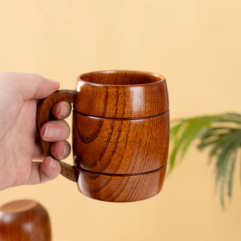 Tazas de cerveza de madera de 240ML, taza Tankard de madera marrón Retro Natural hecha a mano con asa para beber té, café, vino, cerveza, bebidas calientes