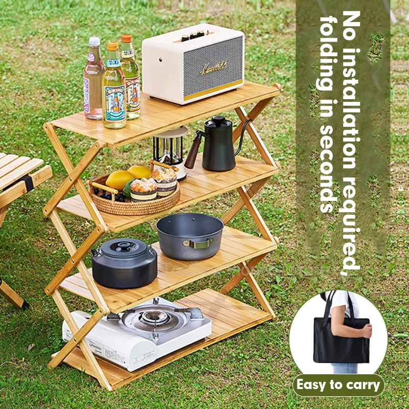 야외 캠핑 접이식 테이블 선반, 대나무 다층 접이식 테이블, 휴대용 보관 거치대, 등산객 식탁 용품 