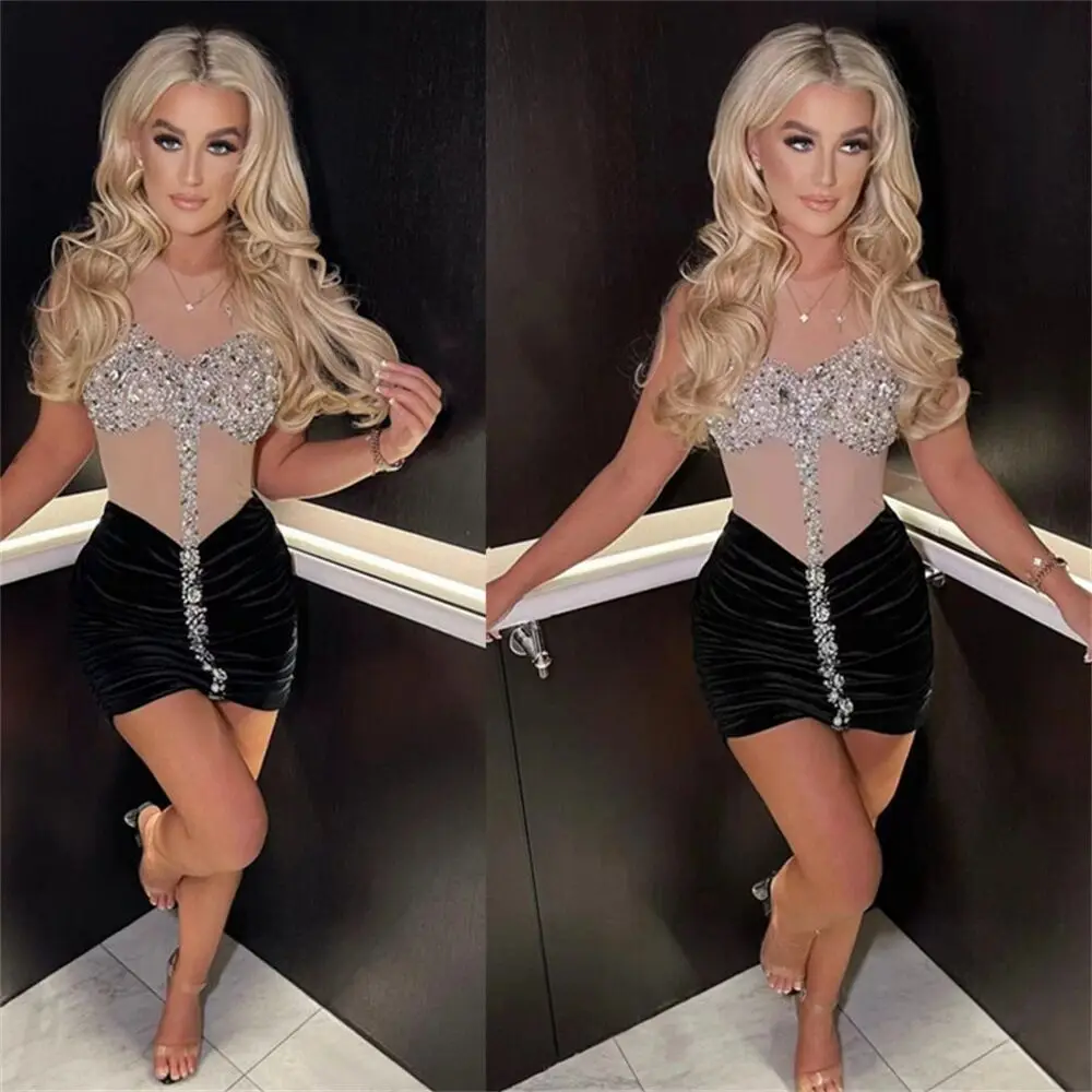 

Beaded netted sheer black velvet tight dress, suitable for European night club stage performances