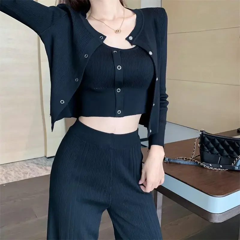 Autumn Winter Trousers Woman Knitted Wide Leg Pant Sets for Women 2 Pieces Sweater Crochet New Matching Aesthetic Casual Elegant