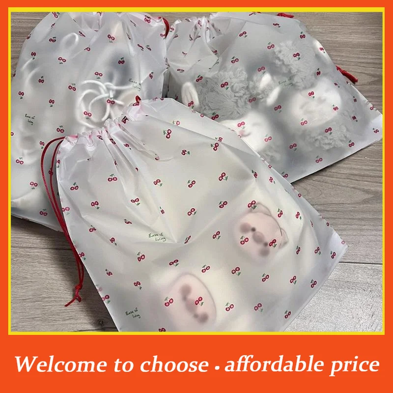 **10Pcs new Cherry Printed Transparent Drawstring Bags Waterproof Dust-proof Travel Shoe Clothes Organizer'