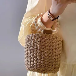 Fashion Wooden Beading Women Handbags Paper Woven Hand Bags Casual Summer Beach Bucket Bag Bali Small Tote Female Purses 2024