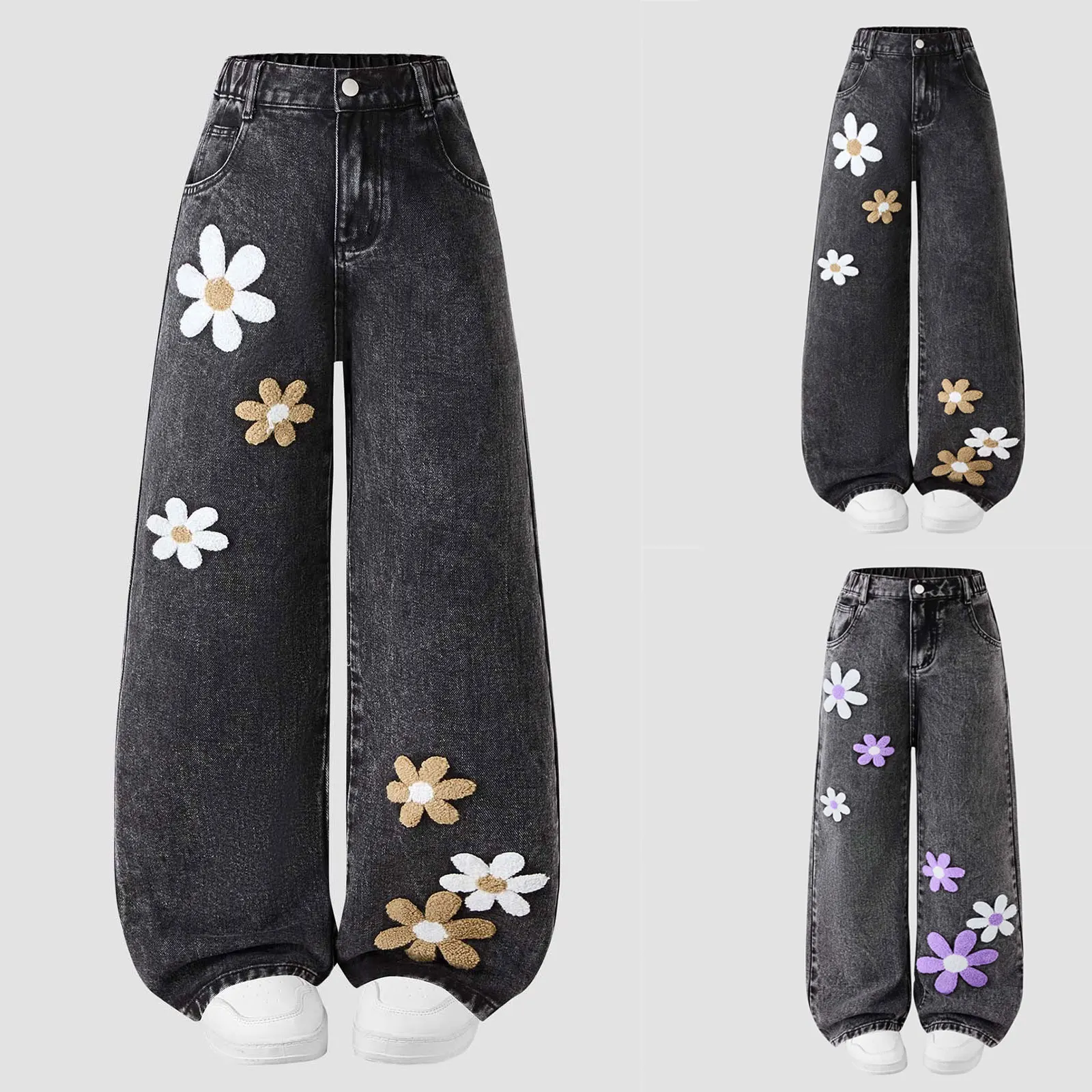 

Little Girls Sweatpants Teenage Girls Comfortable And Fashionable Flower Embroidered Jeans Versatile Wide Leg Cute Sweet Pants