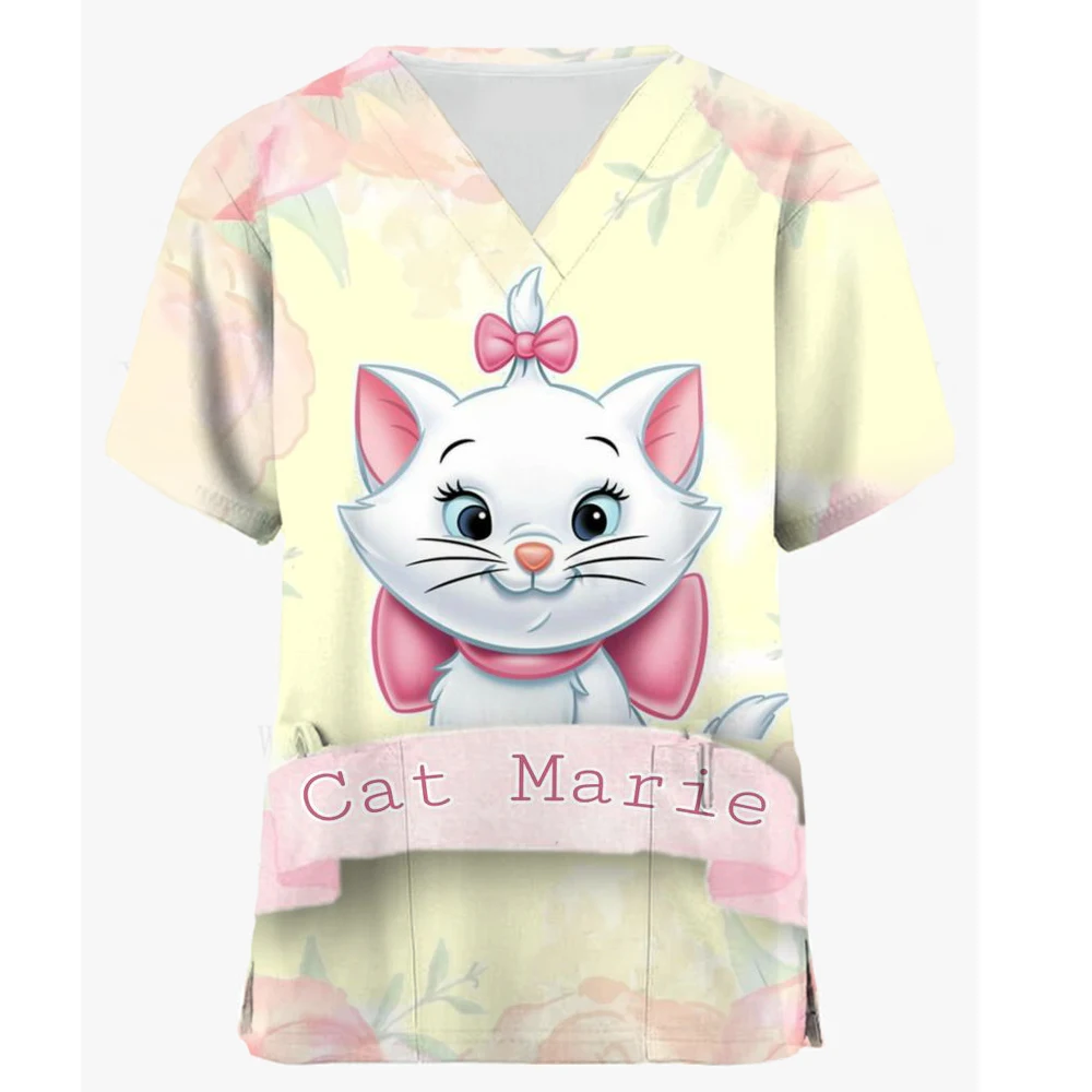 Summer Disney Mary Cat T shirts Women\'s Pocket Tee Girls Short Sleeve Hospital Wear V Neck Nurse Uniform T-shirt Cartoon Top