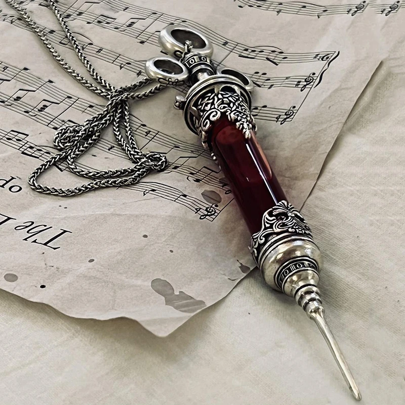 Medieval Syringe Pendant Necklace Adult Alloy Choker Chain Vintage Gothic Punk Jewelry Halloween Carnival Party Accessory Prop