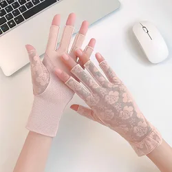 Guantes de medio dedo transpirables con encaje de flores para mujer, protector solar de verano, malla fina, seda de hielo, pantalla táctil, antideslizante