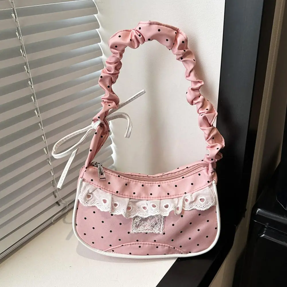 Niedliche Spitzen-Schultertasche mit Tupfenmuster, Süße Unterarmtasche mit Schleife, Y2k Mode, Lässige Schultertasche, Umhängetasche – Detail 17