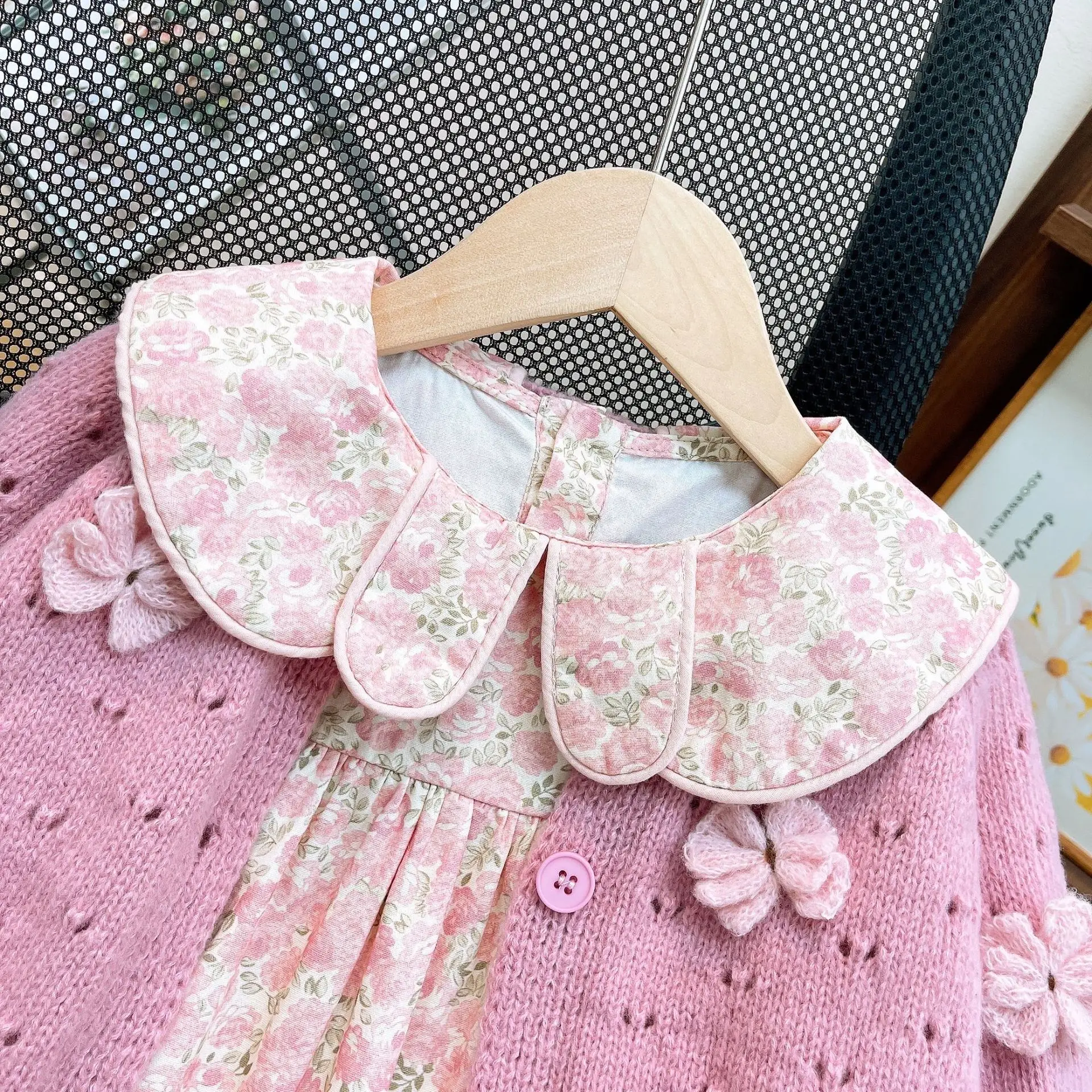 Girls Casual Dresses Floral Lapel Dress + Bow Knit Cardigan 2pcs Sets Kids Dresses for Girls  Princess Dress