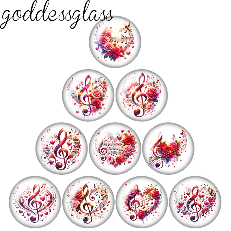 Hearts Patterns Music notes Rose Flowers Love 10pcs 12mm/20mm/25mm Round photo glass cabochon flat back Making findings Jewelry