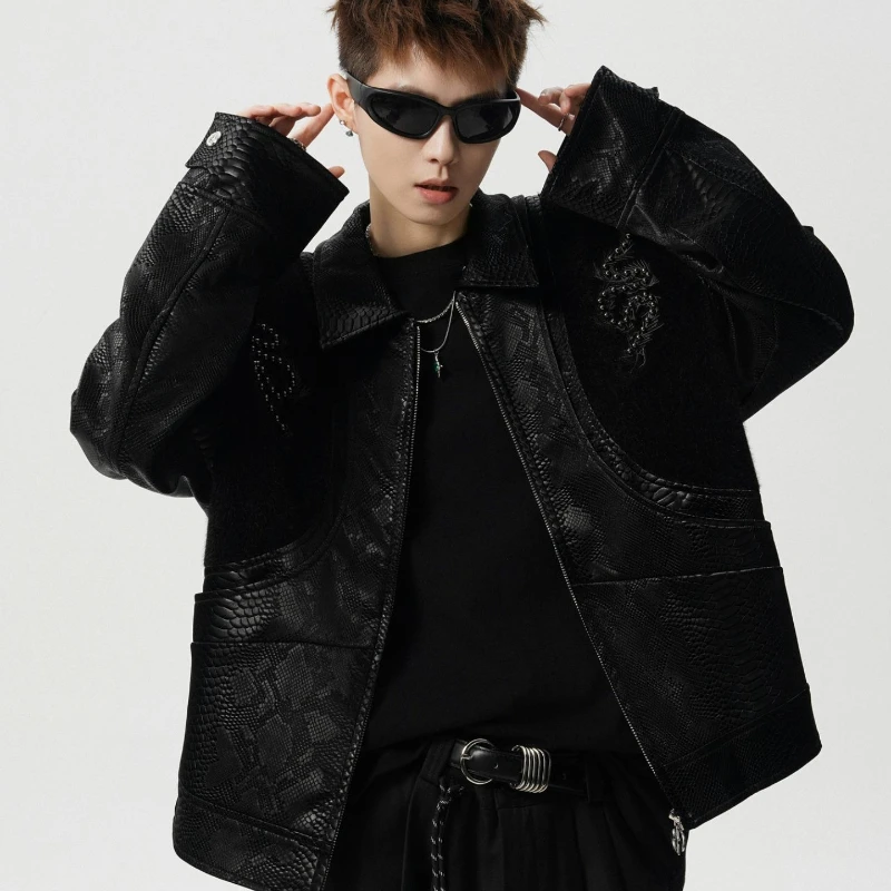 

American High Street Cool Snakeskin Pattern Studded Jacket Men Niche Design PU Leather Casual Trendy Streetwear Outerwear Top