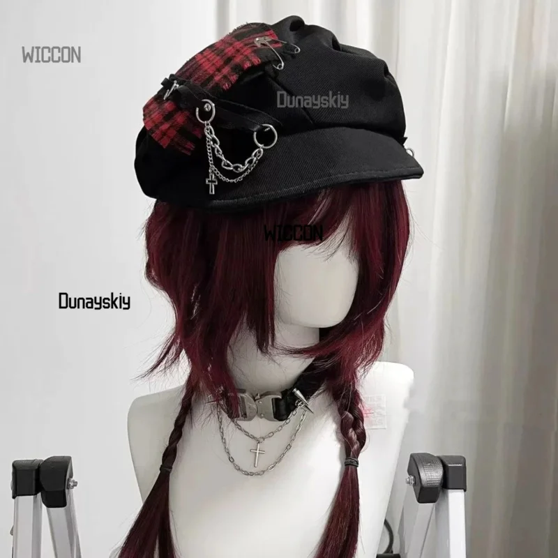 Gothic Punk Beret - Y2K Checkered Cloud  with Cross Embroidered Unisex Dark Academia Accessory Daily Wear & Halloween Cosplay