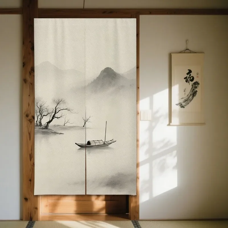 Japanese Zen Ink Painting Landscape Sun Moon Printing Warm Curtain Door Curtain Partition Curtain Tea Room Bedroom  Home Decor