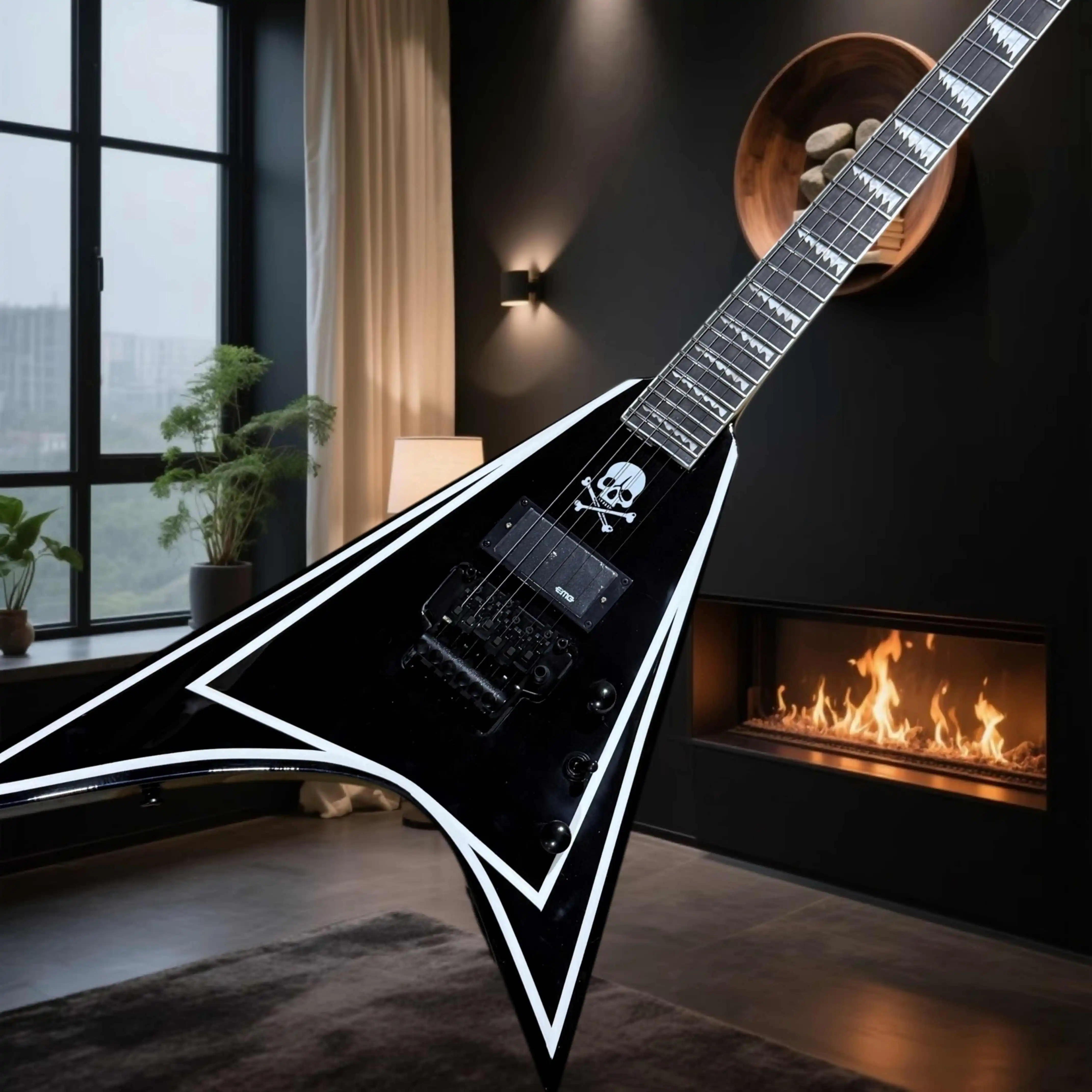Black White RR Electric Guitar Skull Graphic Active Humbucker Big Double Tremolo Sharktooth Inlay Death Metal Hard Rock Stage