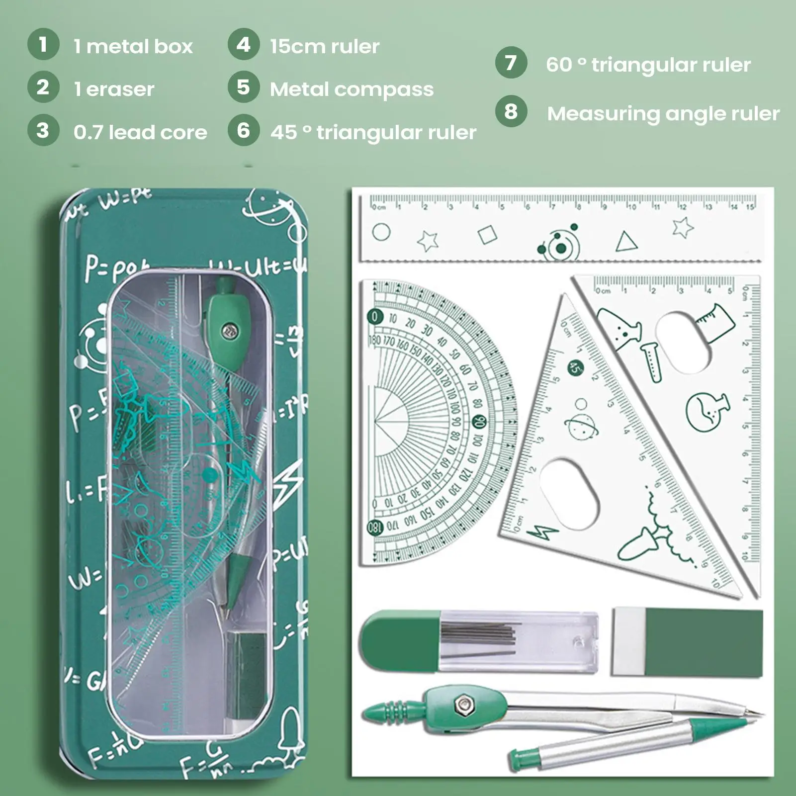 Geometry Set 8 Pieces Shatterproof Protractor Compass Ruler Triangle Eraser Lead Metal Box for High School Middle School