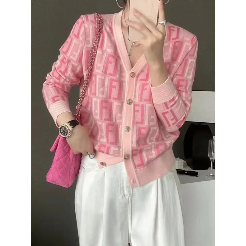 Office Lady Fashion V-neck Knitted Cardigan Autumn New Loose Casual V-neck Chic Button Sweaters Letter Jacquard Knitwear