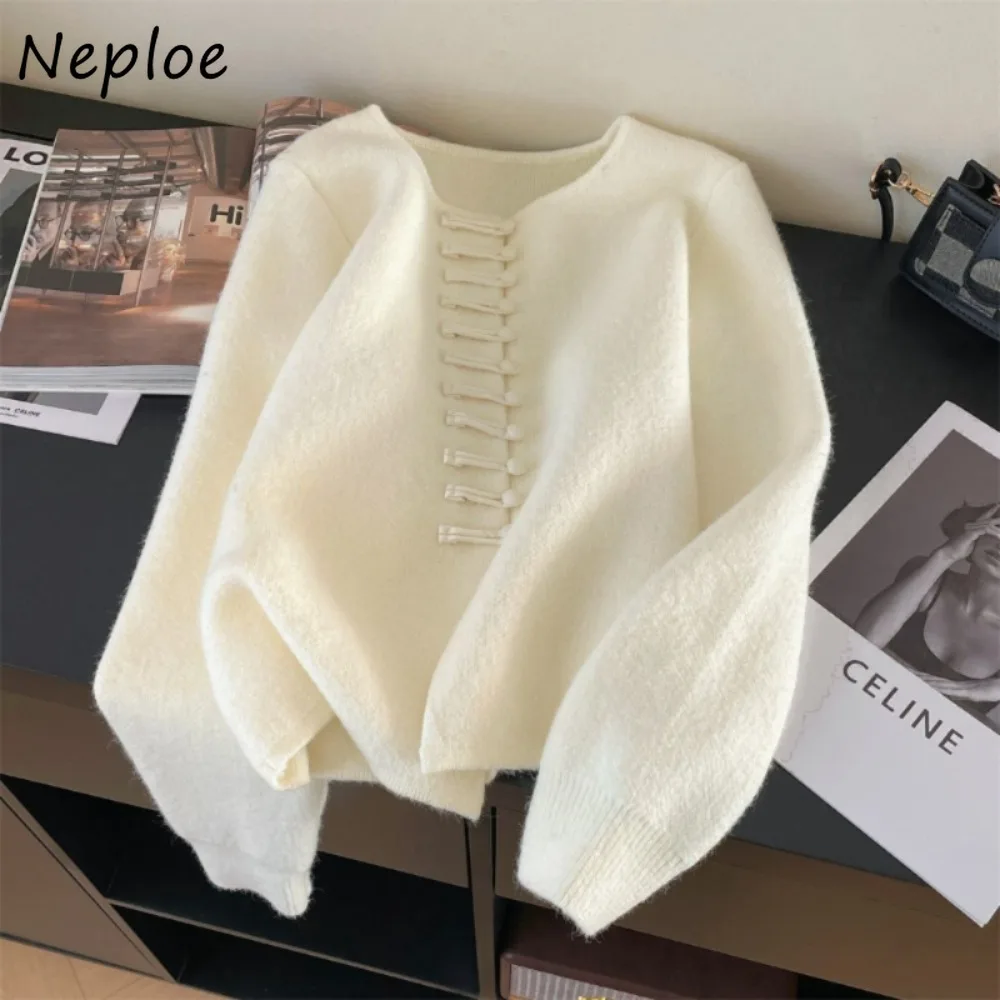 

Neploe, новый китайский стиль, винтажные литературные пуловеры с лягушкой, вязаный французский джемпер с круглым вырезом и длинными рукавами, модный ленивый вязаный джемпер