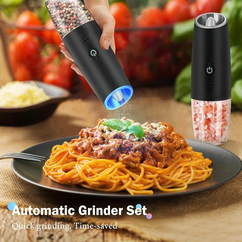 Rechargeable Electric Salt Pepper Grinder Set, Adjustable Coarseness LED Spice Mill, One Hand Operated Kitchen Shaker