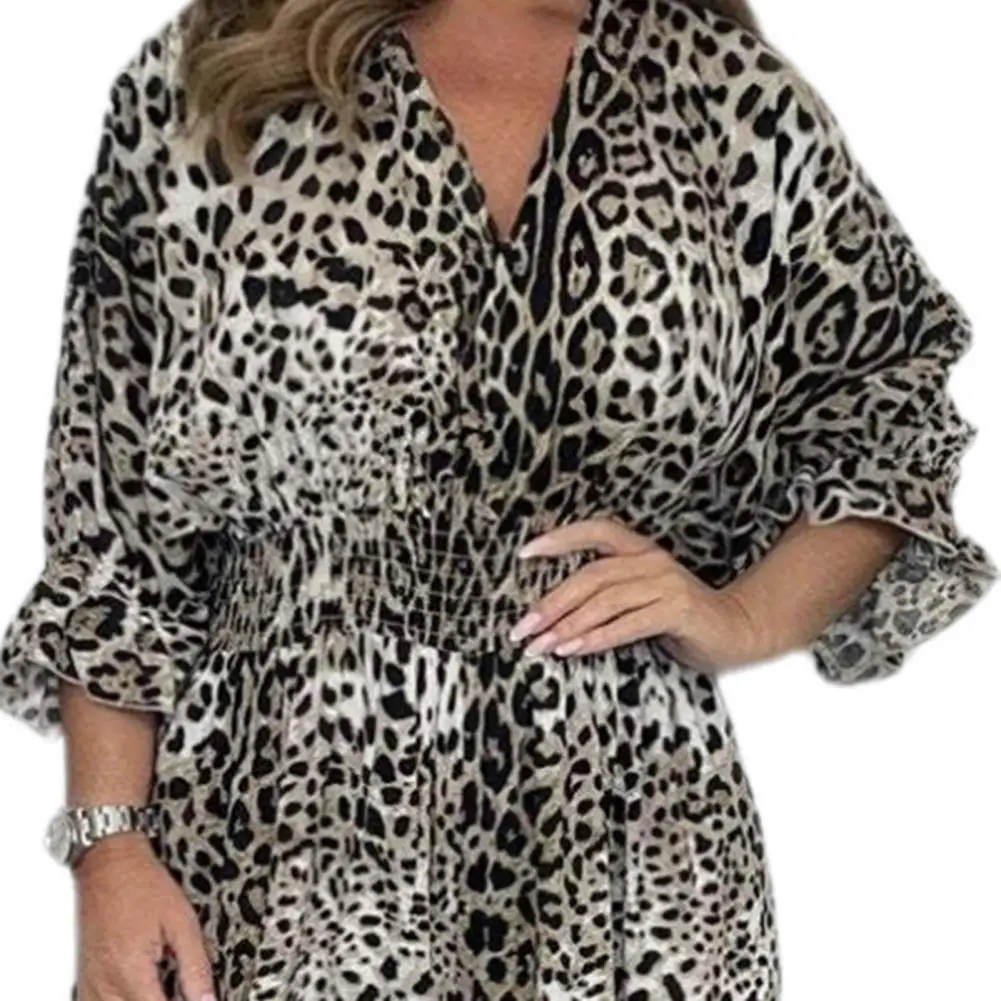 Loose Women Jumpsuit Leopard Print Wide Leg V Neck Jumpsuit Ruffle Patchwork High Waist Full Length Commute Beach Long Jumpsuit