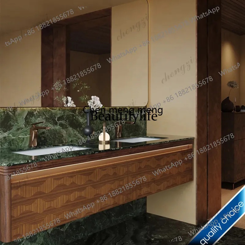 03A Medieval style bathroom cabinet combination luxury stone countertop ceramic basin smart mirror custom washing table