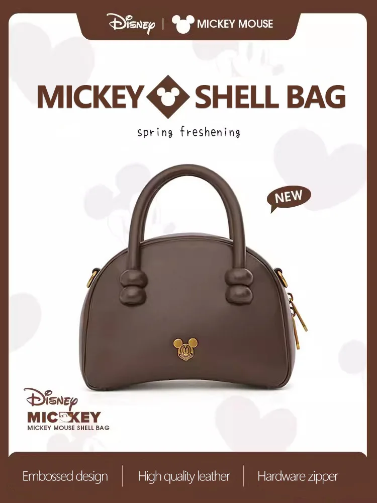 Disney Retro Handbag Cartoon Mickey Badge Crossbody Bag Advanced PU Leather Solid Color Commuting Mini Women Shell Bag