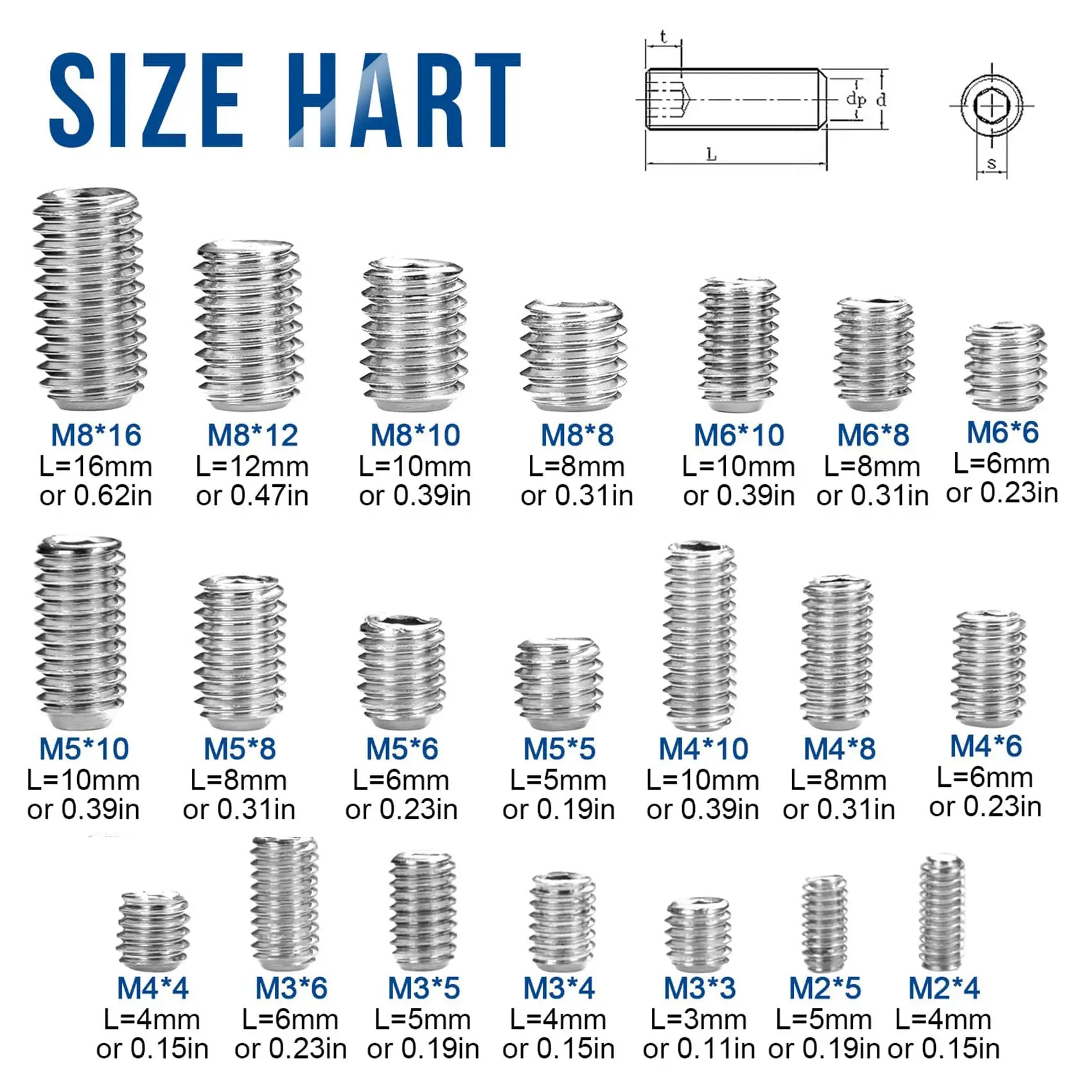 666PCS Flat Point Set Screw Assorment Kit Stainless Steel M2-M10 Hexagon Socket Headless Grub with Hex Key