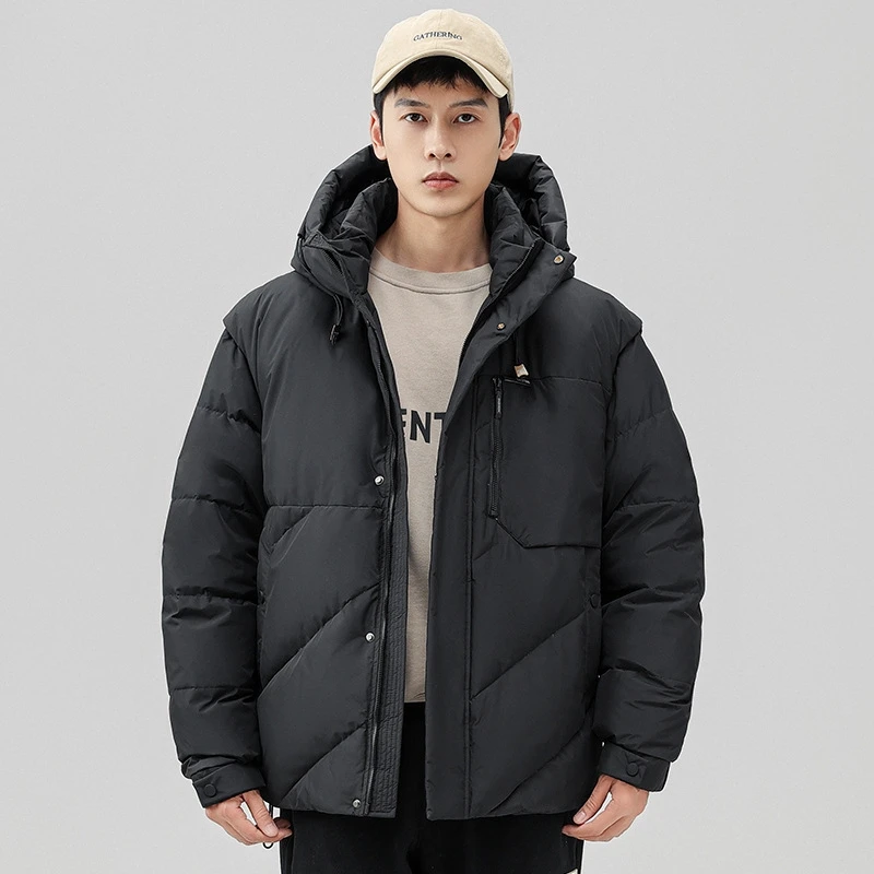 Men's down jacket, solid color hooded white duck down filled warm jacket, autumn and winter fashion casual windbreaker