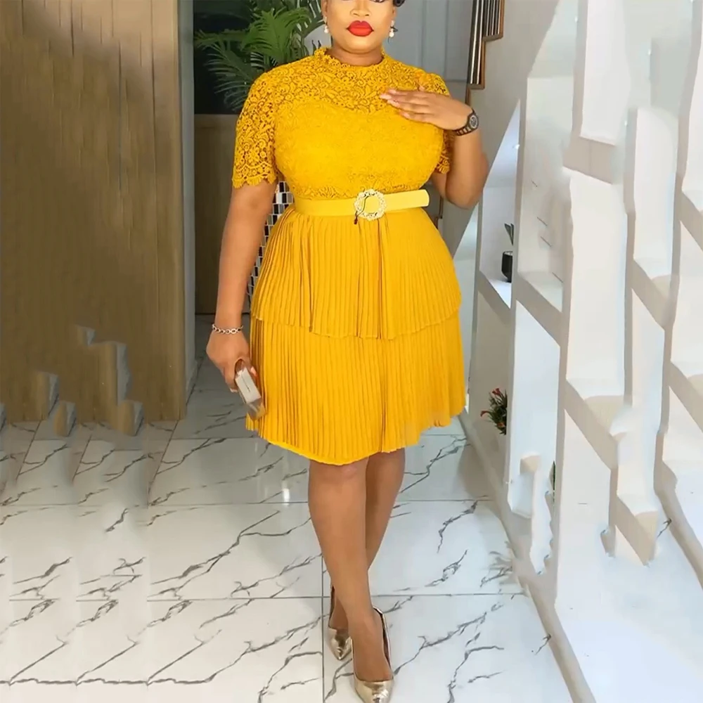 

Elegant African Office Ladies Dresses for Women Round Neck Short Sleeve Belt Waisted Knee Length Formal Business Work Vestidos