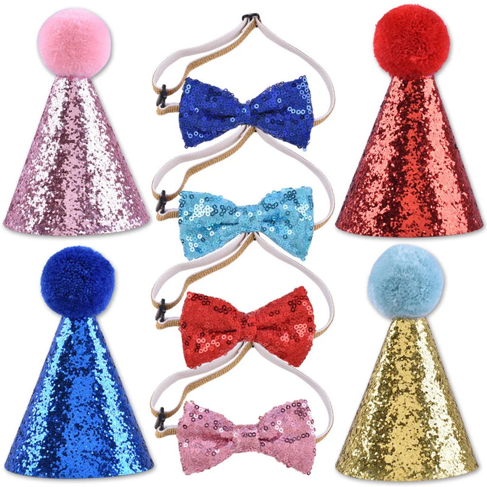 Cat Dog Bow Tie Hat Decoration 2Pcs/Set Baby Birthday Party Prop Accessory Glitter Pom Pom Headwear+Bowknot Collar Pet Supplies