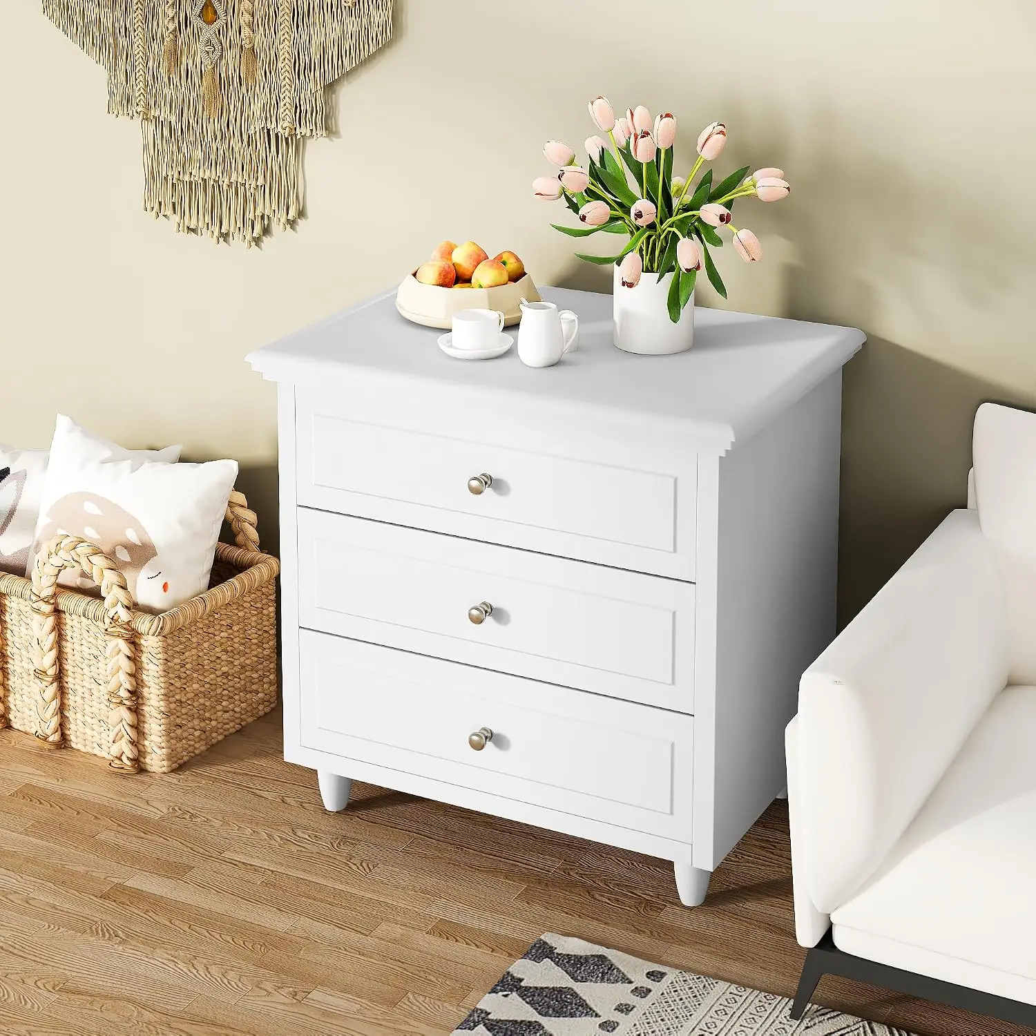 White Night Stand Set of 2, 3 Drawer Nightstand Set of 2, 22 Inch Wider Side Table with Storage, Rattan Boho Bedside Tables