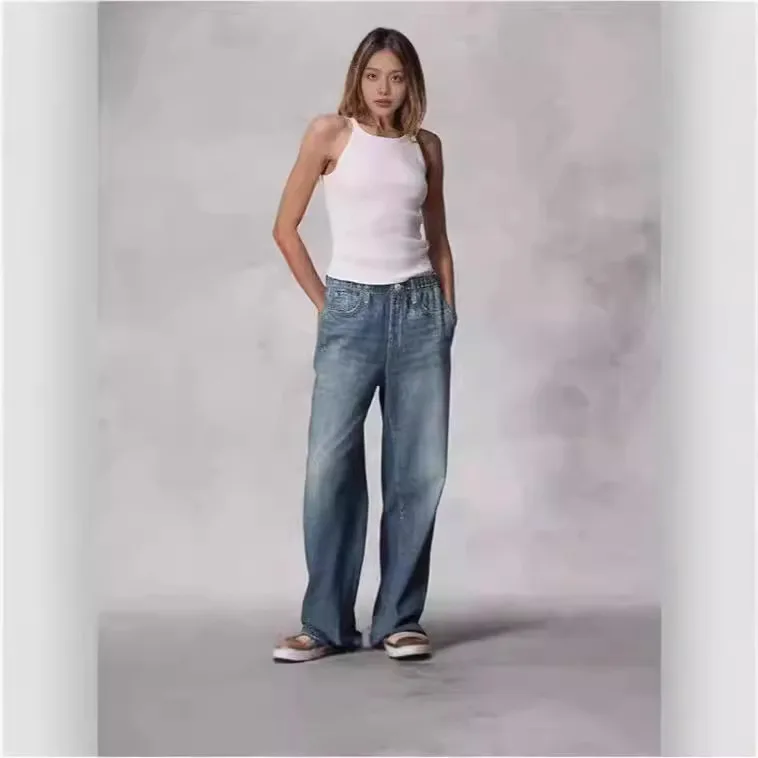 2026 Jeans Wide Leg Pants Women Denim Floor Length Mid Waist Washed Distressed Pockets Vintage Y2k Streetwear Straight Trousers