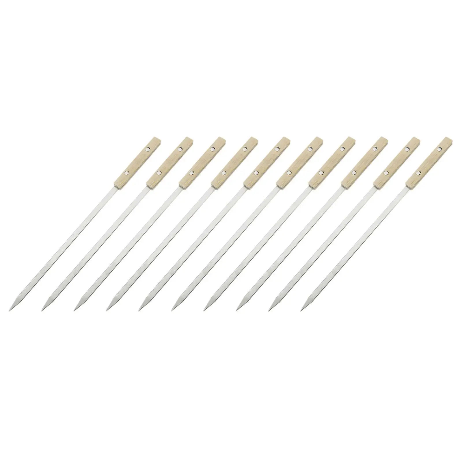 10 Pieces Flat Barbecue Skewers Shish Kebob Sticks Wide Stainless Steel Wood Handle Set BBQ Accessory Grill Tools for Chicken