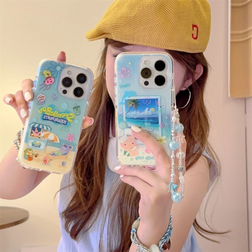

Summer Beach Hello Kitty Cute Phone Case for iPhone 12 13 14 15 16 Promax Cover with Hinge Cartoon Protective Cover For 15 pro
