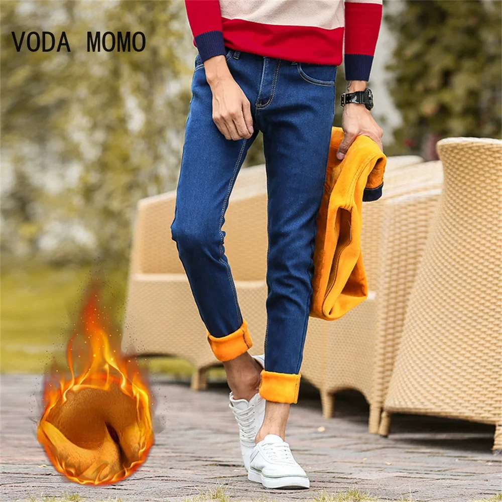 

Зимние мужские плюс флисовые теплые джинсы, классические толстые джинсовые эластичные облегающие черные джинсы, повседневные бутиковые деловые синие брюки плюс брюки