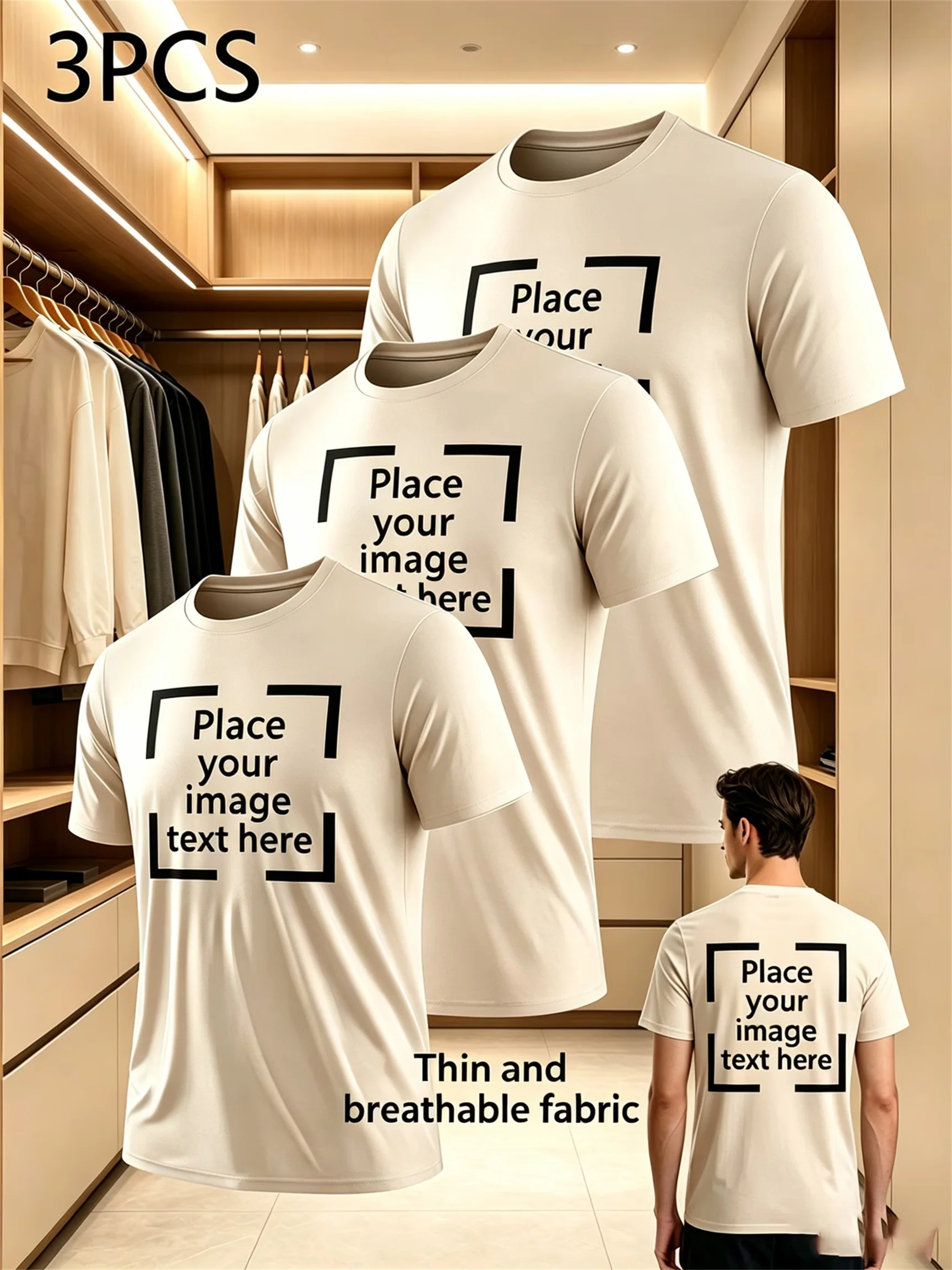 Customized 3-Piece Men's Quick-Drying Sports T-Shirt with Logo Uploadable on Chest and Back. Lightweight, Breathable