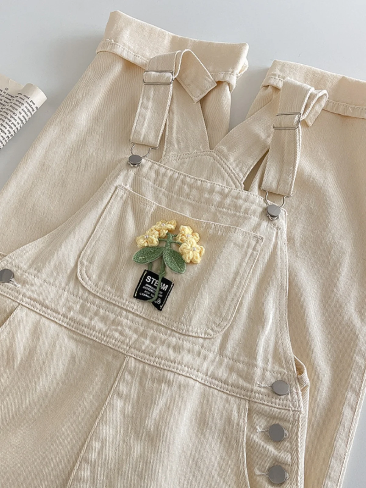 

Apricot Denim Jumpsuit Spring Chic Flower Loose Suspender Jeans Female Casual Solid Color Wide Leg Overalls
