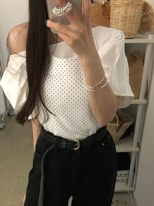 

Korean Style Pure Desire Women's Shirt Short Design Summer 2026 Waist-Cinching Pleated Shoulder Bared Miniature Shirt