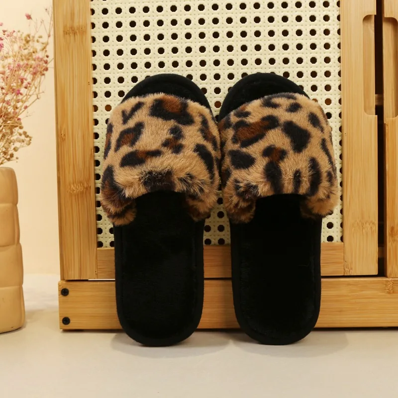 

Autumn Winter Leopard Print Slippers Women's Fashion Plush Fur Slides Home Flip Flops Indoor Warm EVA Anti Slip Living Room Shoe