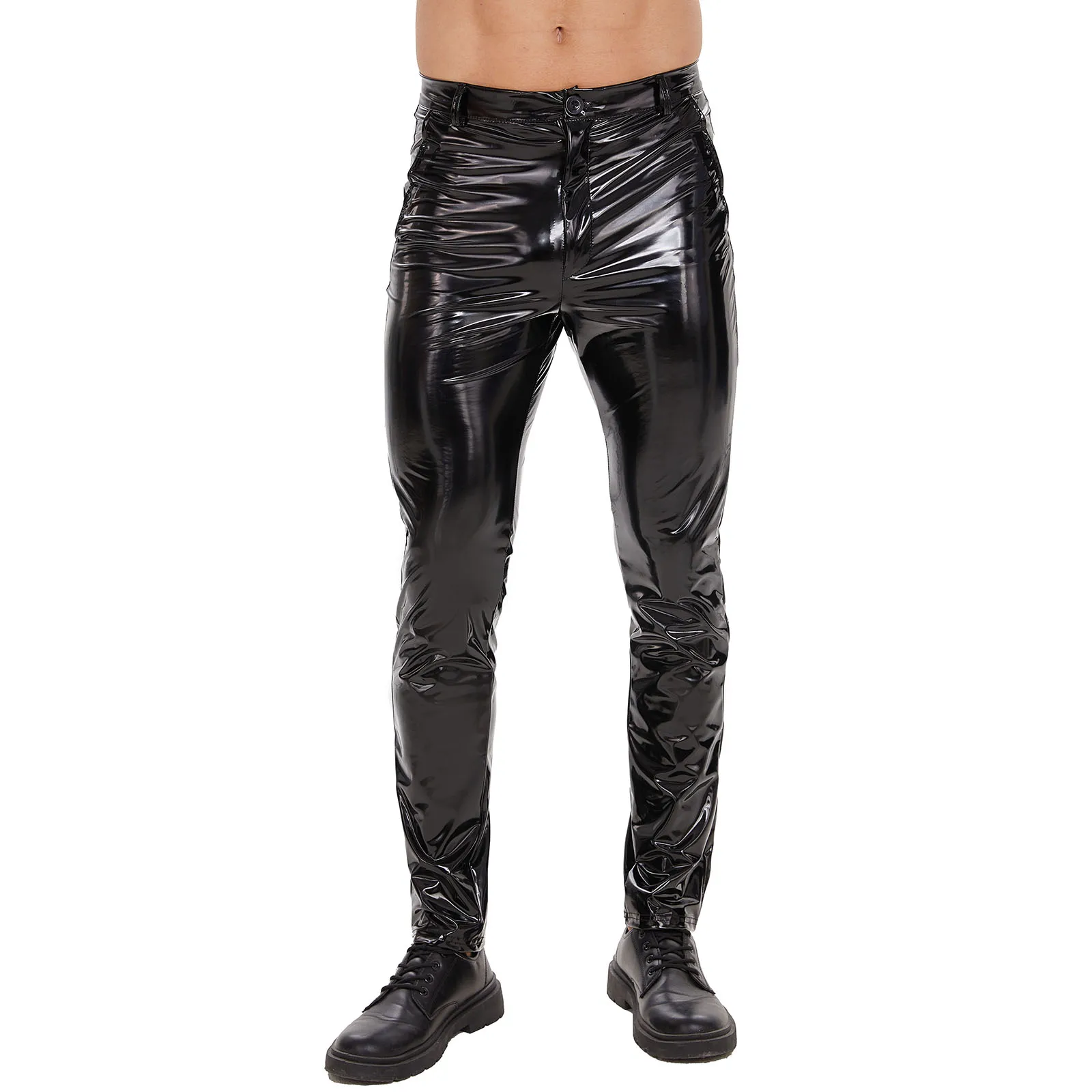 Mens Shiny Leather Straight Pants Sexy Zipper Open Crotch Glossy PVC Leather Casual Trousers Male Shaping Wetlook Latex Leggings