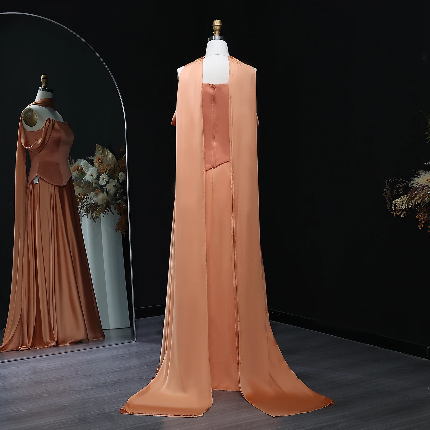 Sharon Said Elegant Brown Off Shoulder Evening Dress with Scarf Chiffon Arabic for Women Wedding Dress Gown SF593 Customized image 6