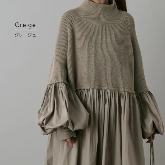 2025 가을, 겨울 새로운 느슨한 플레어 슬리브 여성 하프 하이 칼라 플리츠 패치 워크 니트 스웨터 두꺼운