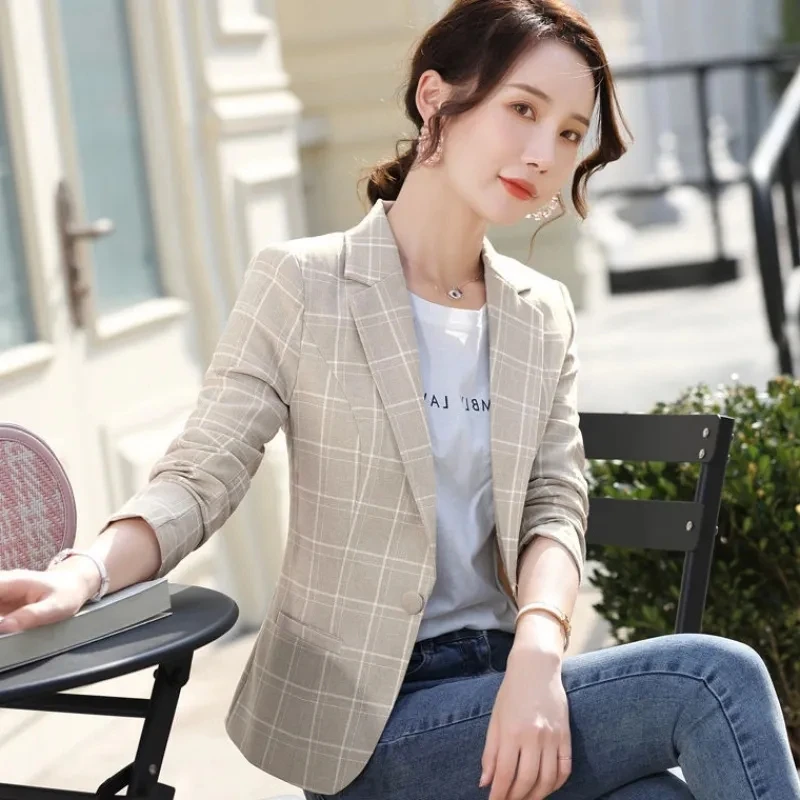 Blazer informal de manga larga para mujer, chaqueta a cuadros de negocios, ropa de abrigo para primavera y otoño, novedad de 2023