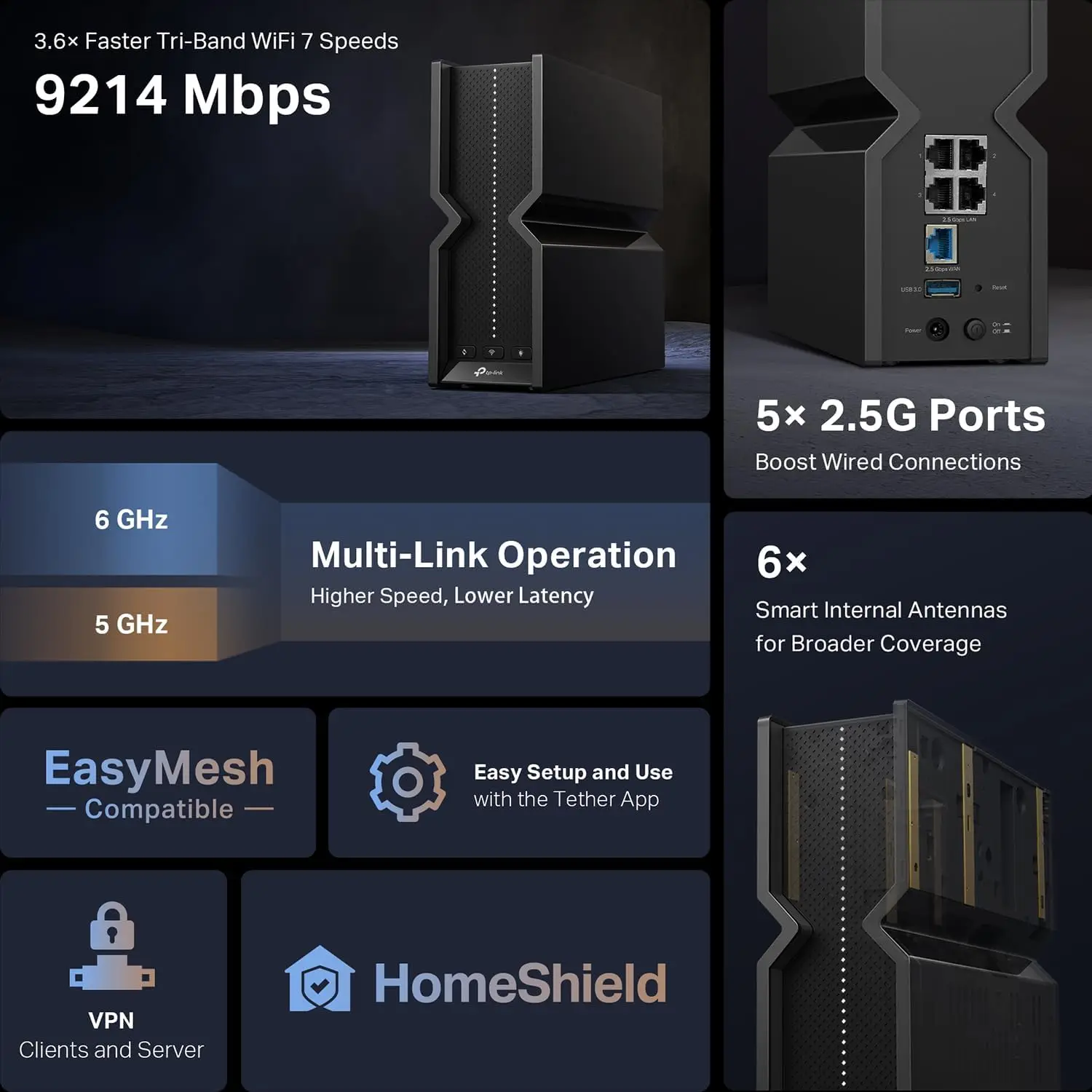 WiFi 7 Router Archer 6-Stream 9.2Gbps Full 2.5G Ports 6 Internal Antennas  Covers Up to 2,000 Sq. Ft.