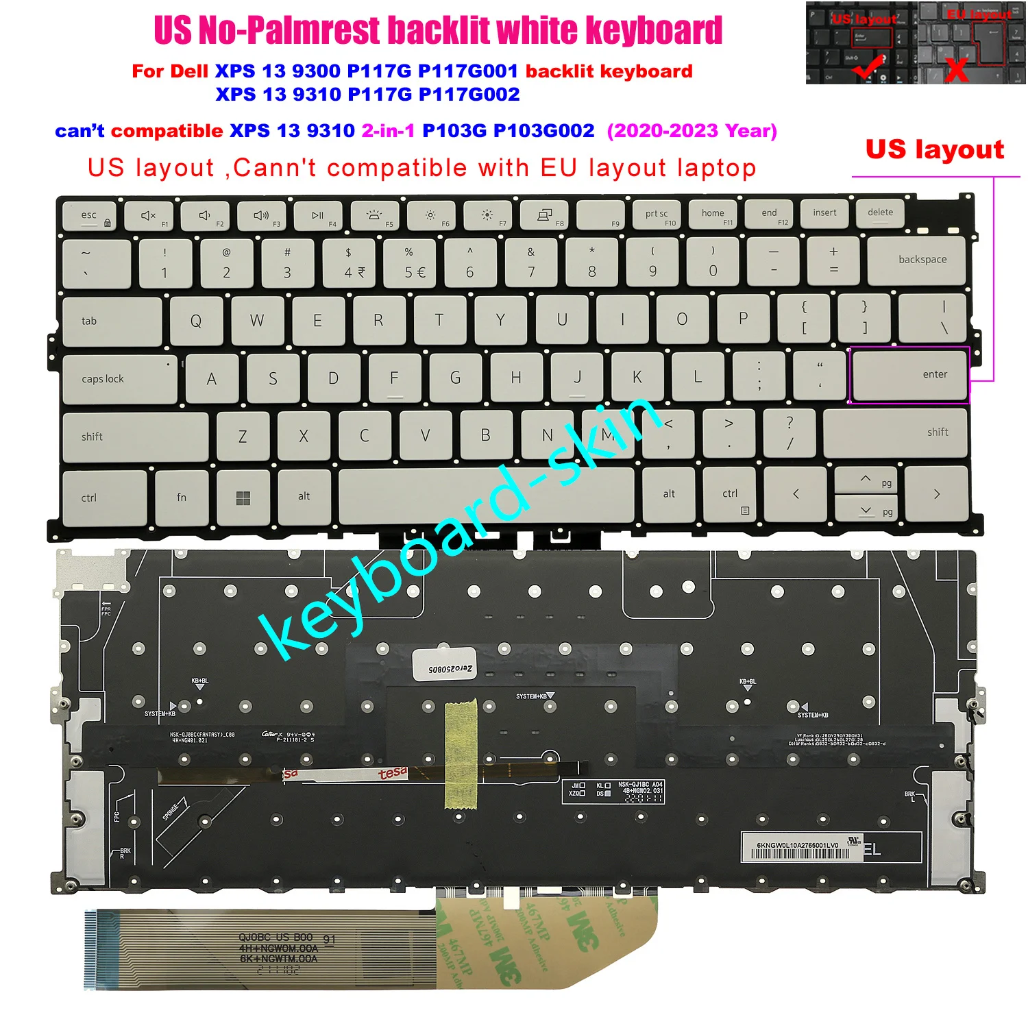 

New US white backlight backlit Keyboard For Dell XPS 13 9300 / P117G P117G001 ,XPS 13 9310 / P117G P117G002 laptop