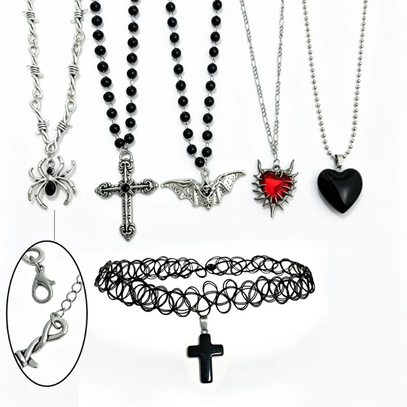 Gothic Pendant Necklace with Bat and Spiked Red Heart, Black Bead Strand and Silver-Tone Chain Design for a Distinct Dark
