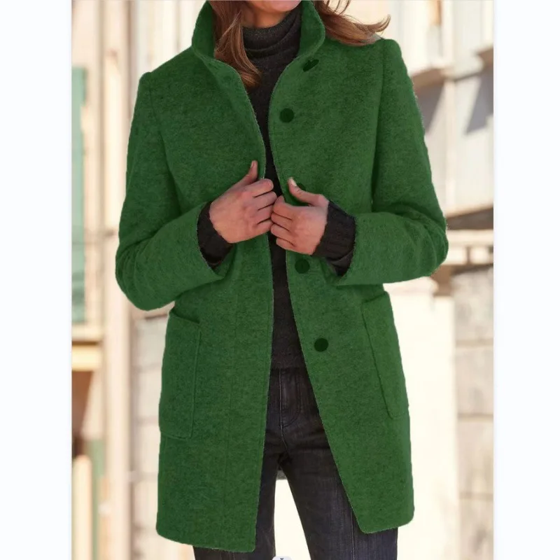 S-5XL Women's Parka Warm Trench Coat Wool Blend Jacket Casual Retro Button Closure Solid Color Stand Collar Winter Jacket